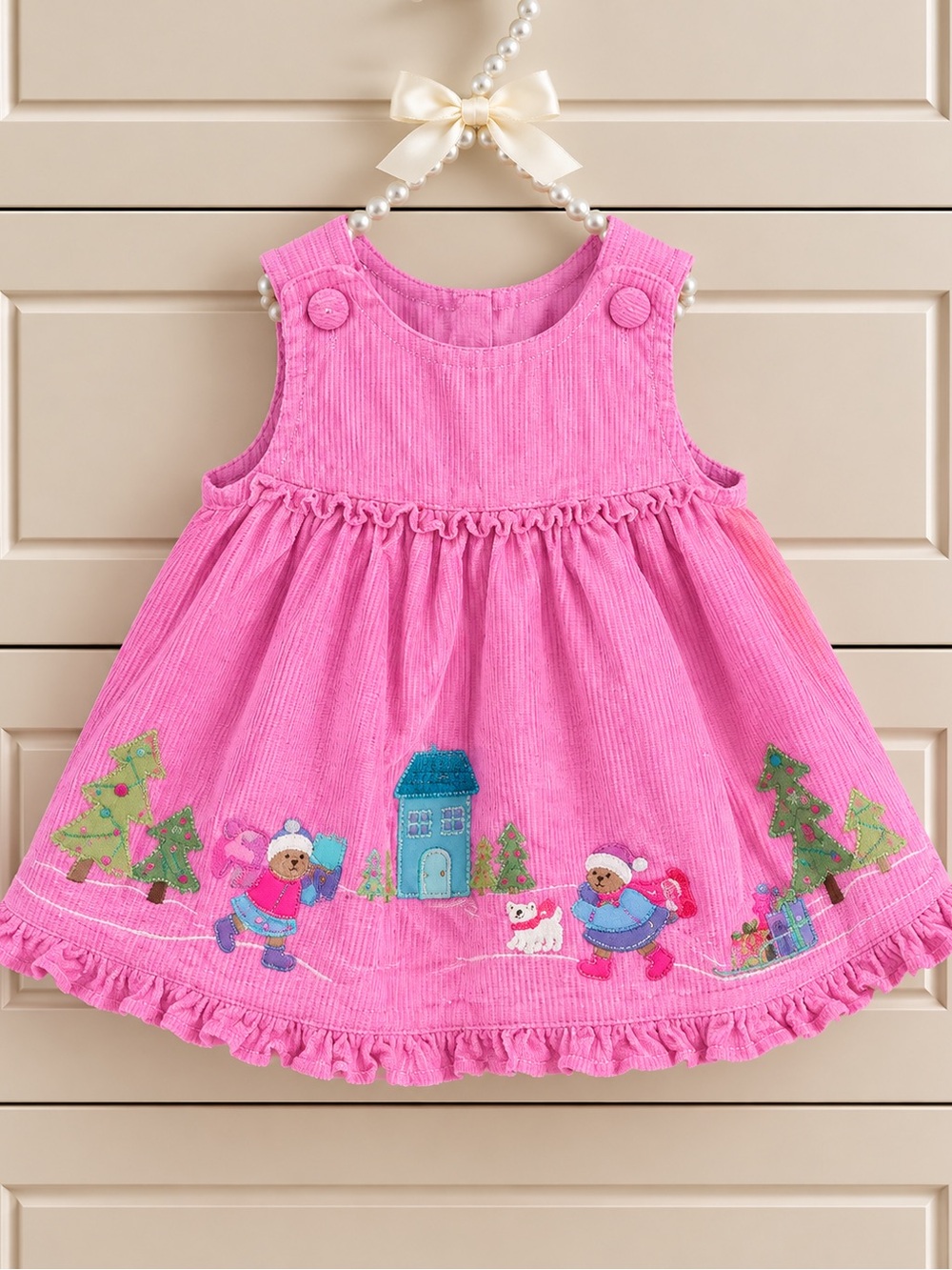 SPECIAL Vintage Corduroy Pinafore Pink Holiday Dress Youngland RARE Baby 6-9 Mo